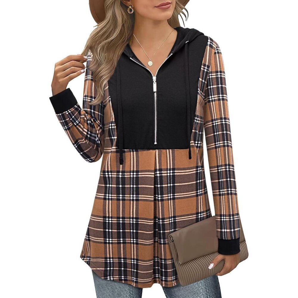 Women's Quarter Zip Hoodie Pullover Long Sleeve Color Block Lightweight Sweatshi